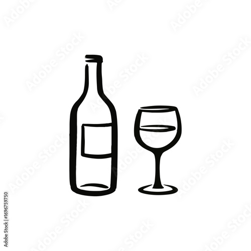 Minimalist hand-drawn wine bottle and glass illustration, black line art, isolated on transparent background. Perfect for bar menu design, winery branding, restaurant graphics, and digital projects.