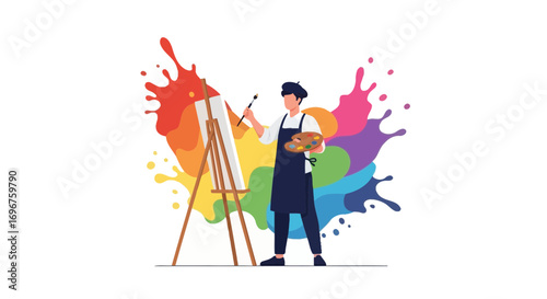 Creative Artist Painting Vibrant Art Pieces With Colorful Backgrounds And Splashes