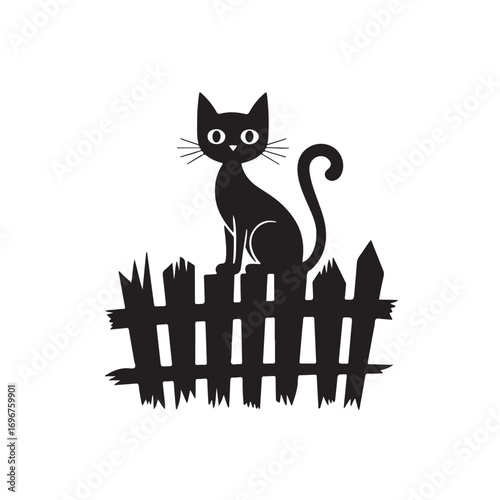 A Spooky Black Cat with an Arched Tail Sitting on a Picket Fence