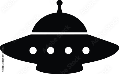 Iconic black silhouette of a flying saucer spaceship with glowing windows and antenna