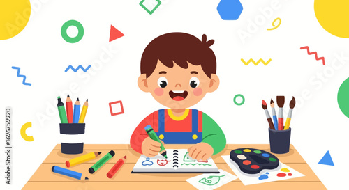 Creative Child Drawing With Colored Pencils And Brushes, Artwork Illustration