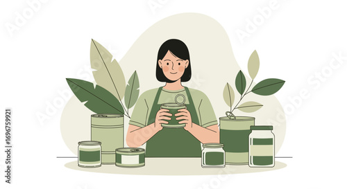 Eco-Conscious Woman Showcasing Preserved Food, Ideal for Sustainable Living and Resource Management