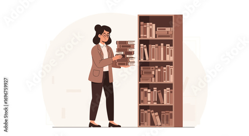 Educated Woman Holding A Large Stack Of Books Near A Full Bookshelf For Knowledge