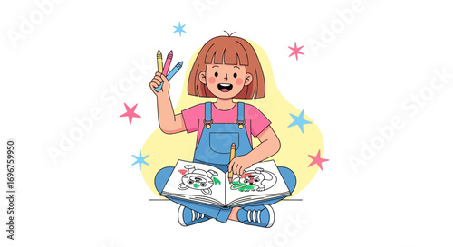 Creative Child's Artistic Expression, Coloring Fun, Imagination, Smiling, and Colorful Illustration
