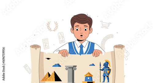 Educational Illustration Of A Young Student Amazed By Ancient Historical Discoveries