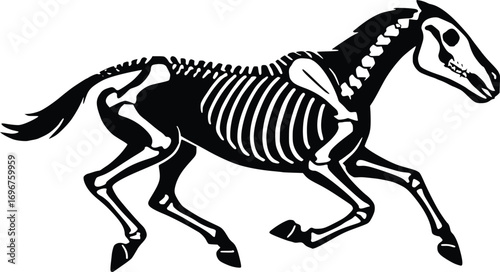 Running horse skeleton silhouette isolated on white for anatomy and halloween themes