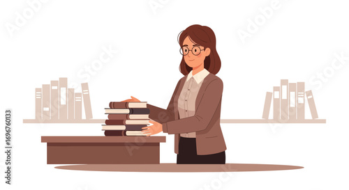 Educator Organizes Books On Desk Near Shelves, Representing Knowledge And Education