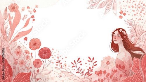A serene illustration featuring a woman surrounded by floral elements, set in soft red hues, creating an enchanting and peaceful atmosphere.