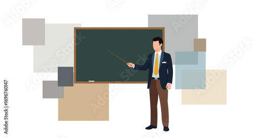 Educator Portrayal: Presenting Insights with Chalkboard, Diagrams Background, and Clarity