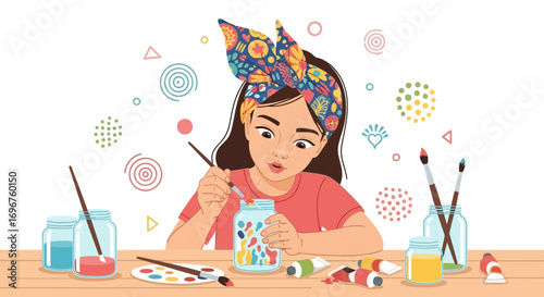 Creative Girl Painting With Brush And Paints Is Creating Colorful Abstract Artworks