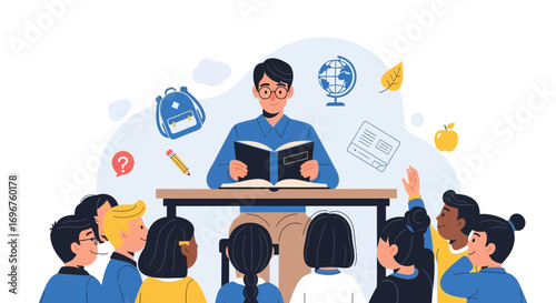 Educator Presenting Knowledge To Students In An Academic Environment With School Supplies Around