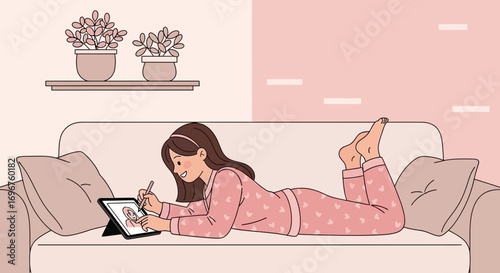 Creative Girl Drawing Digital Art on Tablet, Relaxing at Home, Cozy Sunday Afternoon