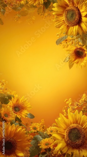 A vibrant arrangement of sunflowers against a warm yellow background, evoking feelings of joy and positivity.