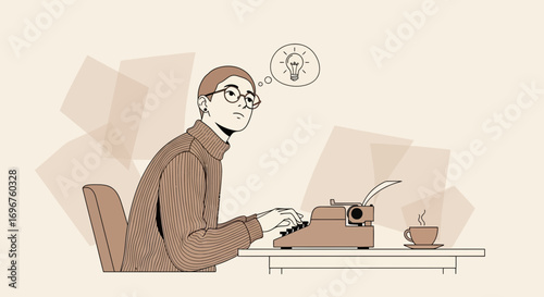 Creative Mind Generating Ideas For Writing Projects Working On A Vintage Typewriter Illustration