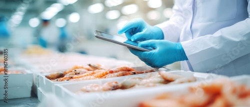 Panel kuchenny z motywem The Seafood Inspector Using Tablet to Record Quality in Processing Plant