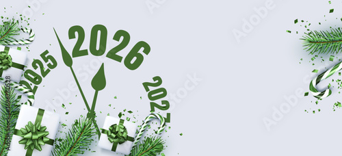 Festive clock countdown to 2026 with gifts, confetti, and candy canes. Vector illustration for New Year themes.