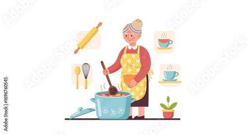Elderly Woman Preparing Dinner From The Kitchen, A Wholesome Cooking Concept Illustration