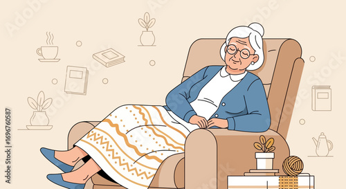Elderly Woman Resting Comfortably in a Chair, Enjoying a Moment of Serene Relaxation