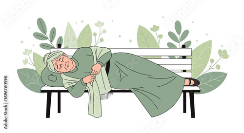 Elderly Woman Resting Peacefully on A Park Bench Surrounded by Botanical Elements