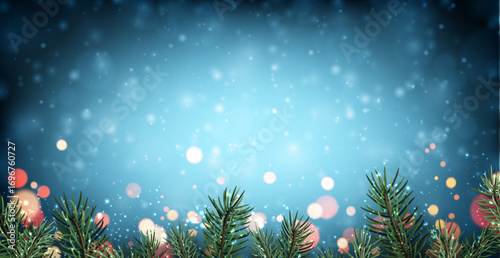 Vector illustration of snowy blue background with glowing bokeh lights and pine branches, perfect for festive holiday or New Year design.