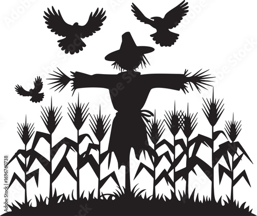 A Silhouette of a Scarecrow Standing in a Cornfield with Birds Flying Overhead