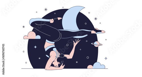Creative Yoga Figure Practicing Headstand with Cosmic Elements and Peaceful Energy