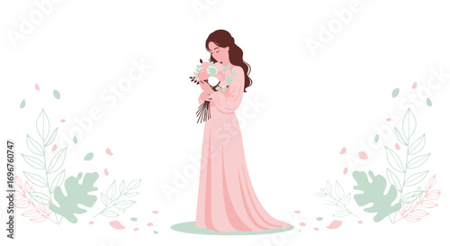 Elegant Bride Wearing Gown Holding Beautiful Flowers, Inspired Artwork, Pastel Colors