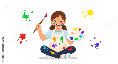 Creative Young Artist Enjoying Painting With Rainbow Colors and Palette, Cartoon Illustration