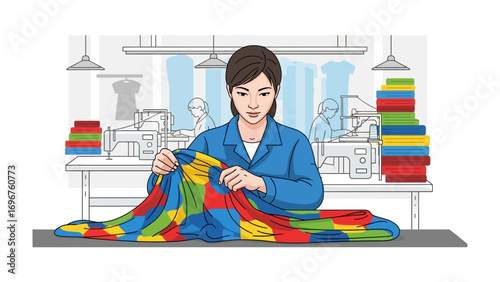 Sewing with precision: A focused individual, dressed in a working attire, meticulously aligns fabrics at a sewing station. In a modern, factory setting, the individual showcases technical skill.