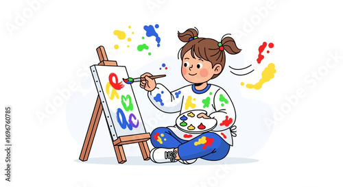 Creative Young Girl Painting a Colorful Artwork on a Canvas Board with Joyful Expressions