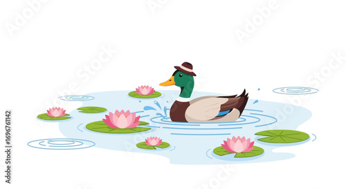 Elegant Duck With Hat Relaxing In a Peaceful Pond Surrounded By Lotus Flowers