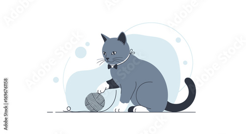 Elegant Feline Engaging With Yarn: A Sophisticated Playful Illustration