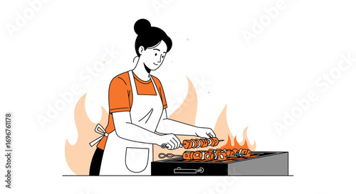 Culinary Charcoal Grilling: A Woman Perfectly Cooks Delicious Kebab Skewers Outdoors