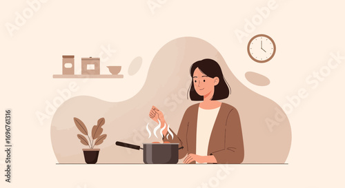 Culinary Creation: A Woman Cooks In Kitchen, Time Flies While The Delicious Dish Burns