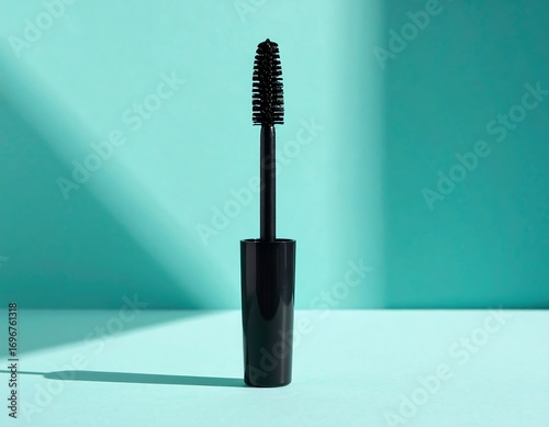 Close-up of Black Mascara Brush with Soft Shadow on Teal Background