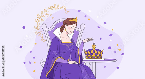 Elegant Royalty Depicted in a Royal Gown Sitting on a Throne with a Majestic Crown