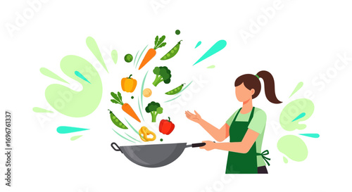 Culinary Creation: A Woman Stir-Frying Assorted Fresh Vegetables in A Wok