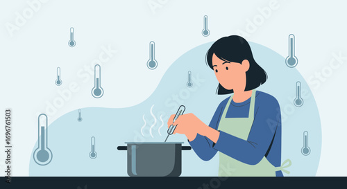Culinary Enthusiast Prepares Dish, Assessing Temperature With Thermometer, Animated Style