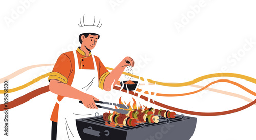 Culinary Expert Prepares Barbecue, Grilling Skewers with Flavorful Spices and Cooking Tools