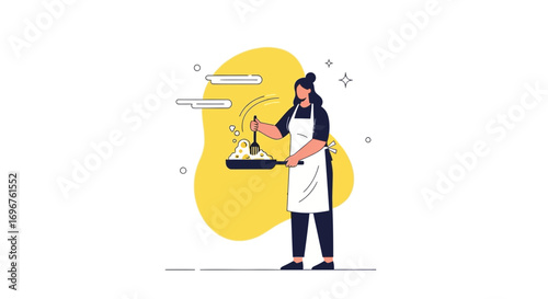 Culinary Illustration: Woman Cooking Food with a Pan in a Modern, Minimalist Style