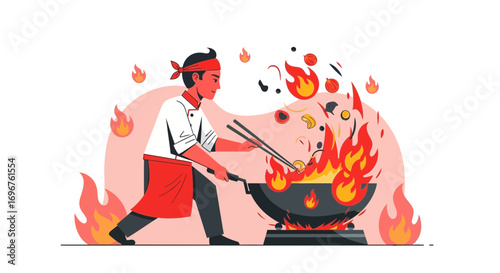 Culinary Maestro: A Chef Masterfully Stir-Frying Delicious Ingredients with Flames