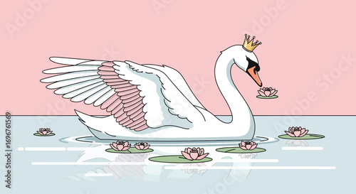 Elegant Swan Adorned In A Crown, Gracefully Gliding Amidst Gentle Lily Pads