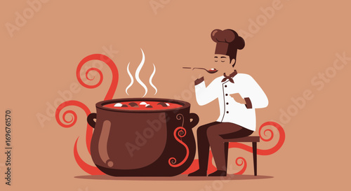 Culinary Master Checking Aromatic Stew: A Digital Illustration of Flavor and Expertise