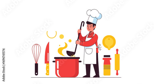 Culinary Maestro: Chef Preparing Food in a Vector Illustration Depicting Kitchen Scene