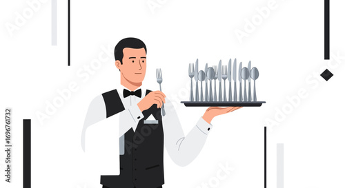 Elegant Waiter With Silverware Preparing Table Service In A Sophisticated Restaurant