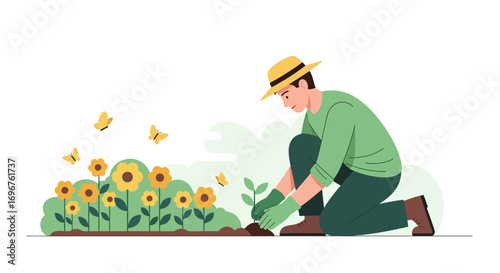 Cultivating Life: A Gardener Planting a Seedling Near Blooming Sunflowers