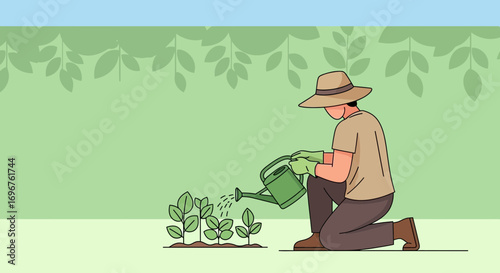 Cultivating Growth: Person Watering Plants in a Garden with Lush Greenery and Blossoms