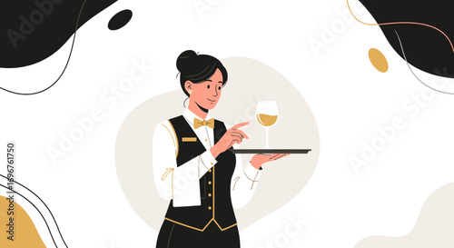 Elegant Waitress Presenting Wine Glass On The Tray In A Trendy Flat Vector Illustration