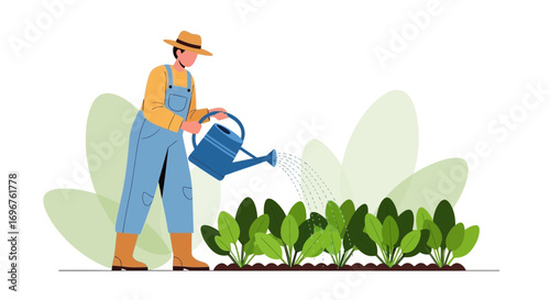 Cultivator Watering Plants in Garden: Farming Life, Agriculture Illustration Digital Art