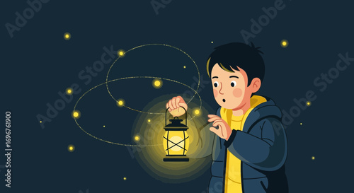 Curious Child Gazes At Glowing Lantern Amidst Mysterious Celestial Luminous Orbs